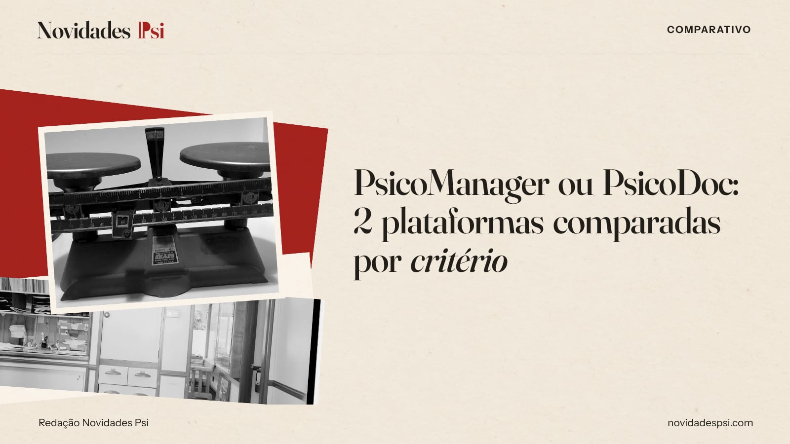 Colagem com balança de dois pratos sobre uma mesa, escritório com armário de gavetas e papel carmim.