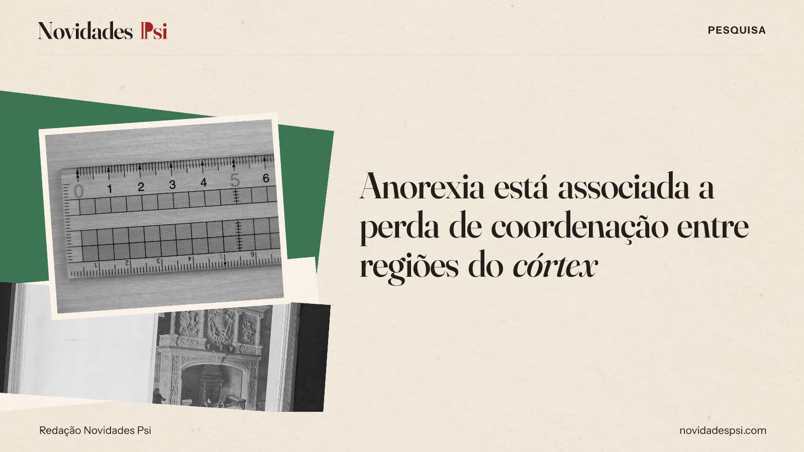 Colagem com régua transparente sobre uma mesa de, livro aberto com uma fotografia e papel verde sálvia.