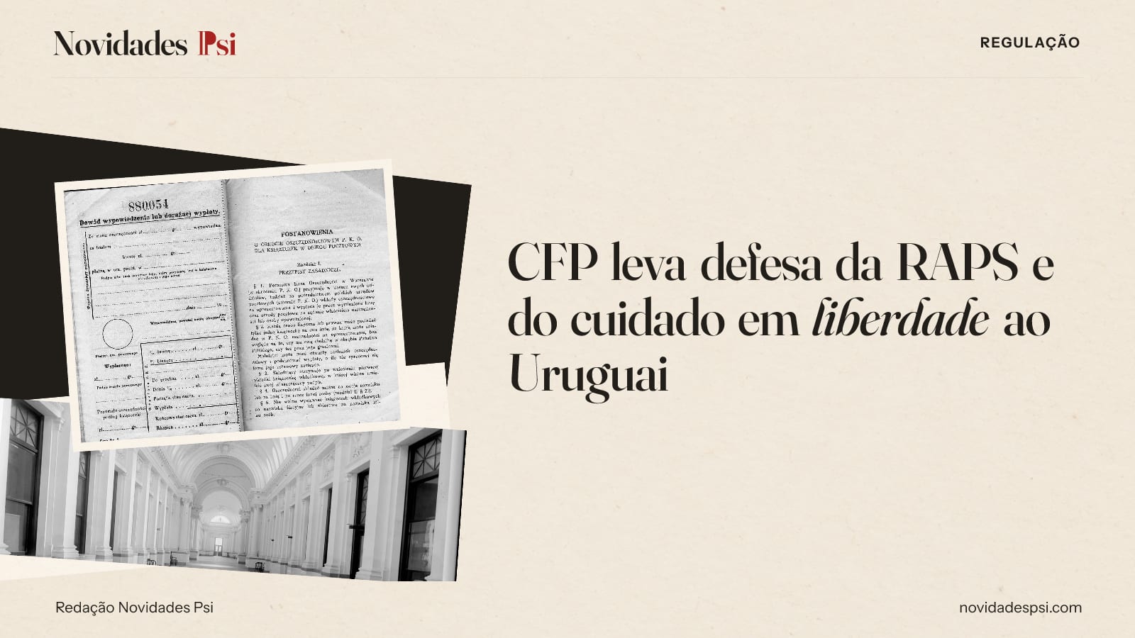 Colagem com formulário impresso de uma caderneta, salão de um tribunal com janelas em arco e papel tinta.