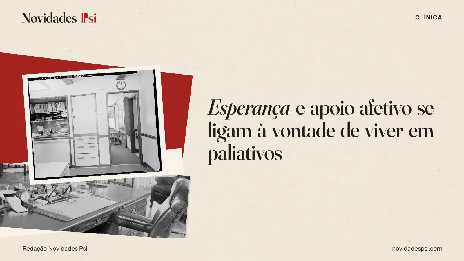 Colagem com escritório com armário de gavetas, mesa de trabalho com cadeira de e papel carmim.