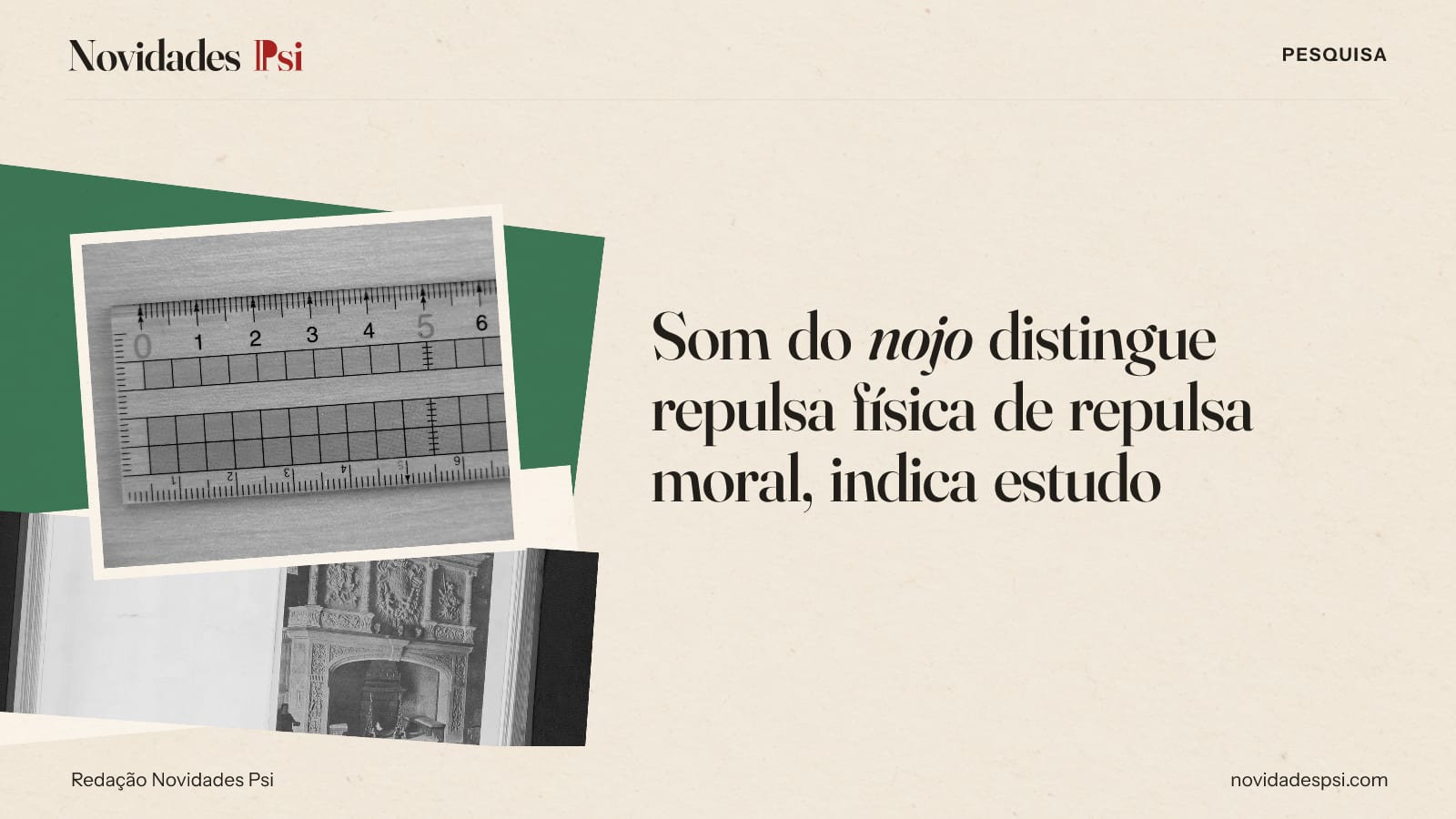 Colagem com régua transparente sobre uma mesa de, livro aberto com uma fotografia e papel verde sálvia.