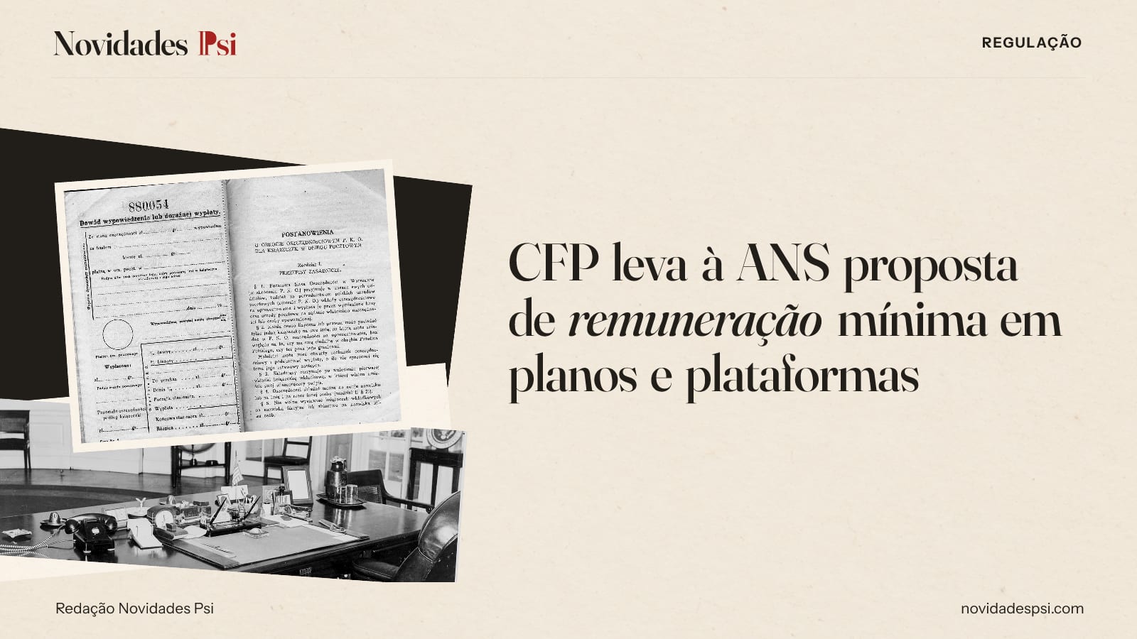 Colagem com formulário impresso de uma caderneta, objetos sobre uma mesa de escritório, e papel tinta.