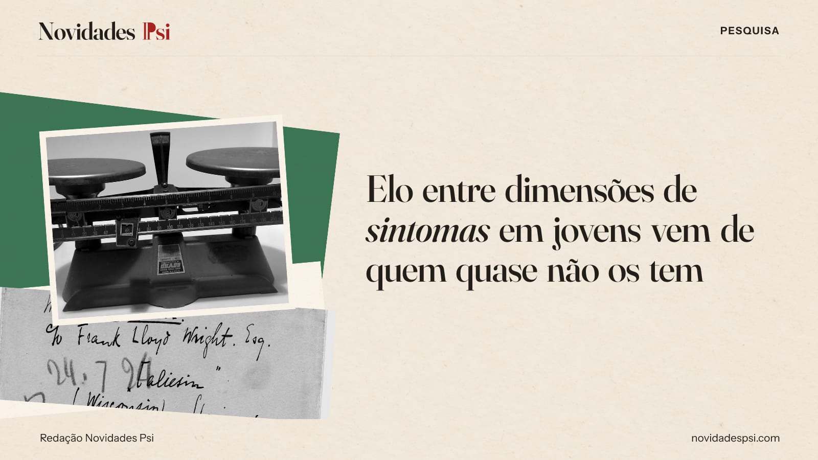 Colagem com balança de dois pratos sobre uma mesa, envelope de carta de 1924 com selos e e papel verde sálvia.