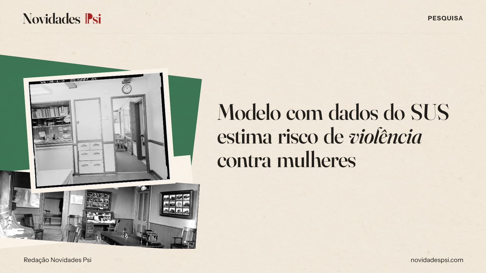 Colagem com escritório com armário de gavetas, escritório antigo com mesas, cadeiras e e papel verde sálvia.