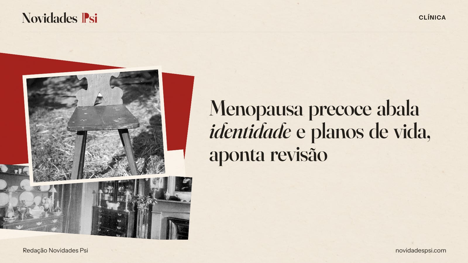 Colagem com cadeira de madeira com encosto, sala de estar de 1903 com cadeiras e e papel carmim.