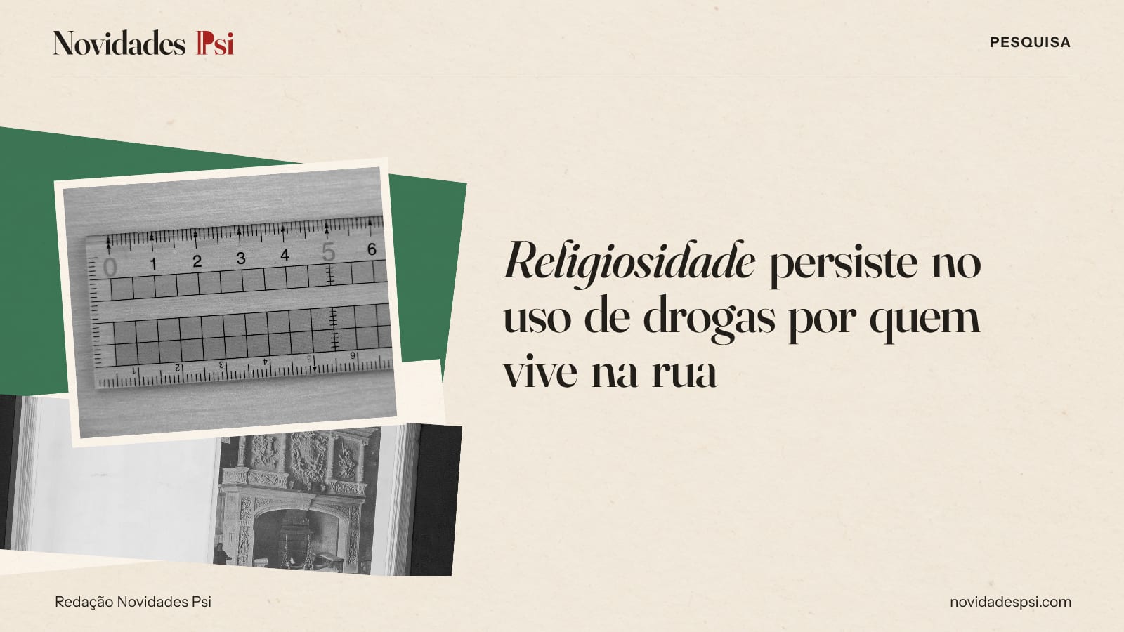 Colagem com régua transparente sobre uma mesa de, livro aberto com uma fotografia e papel verde sálvia.