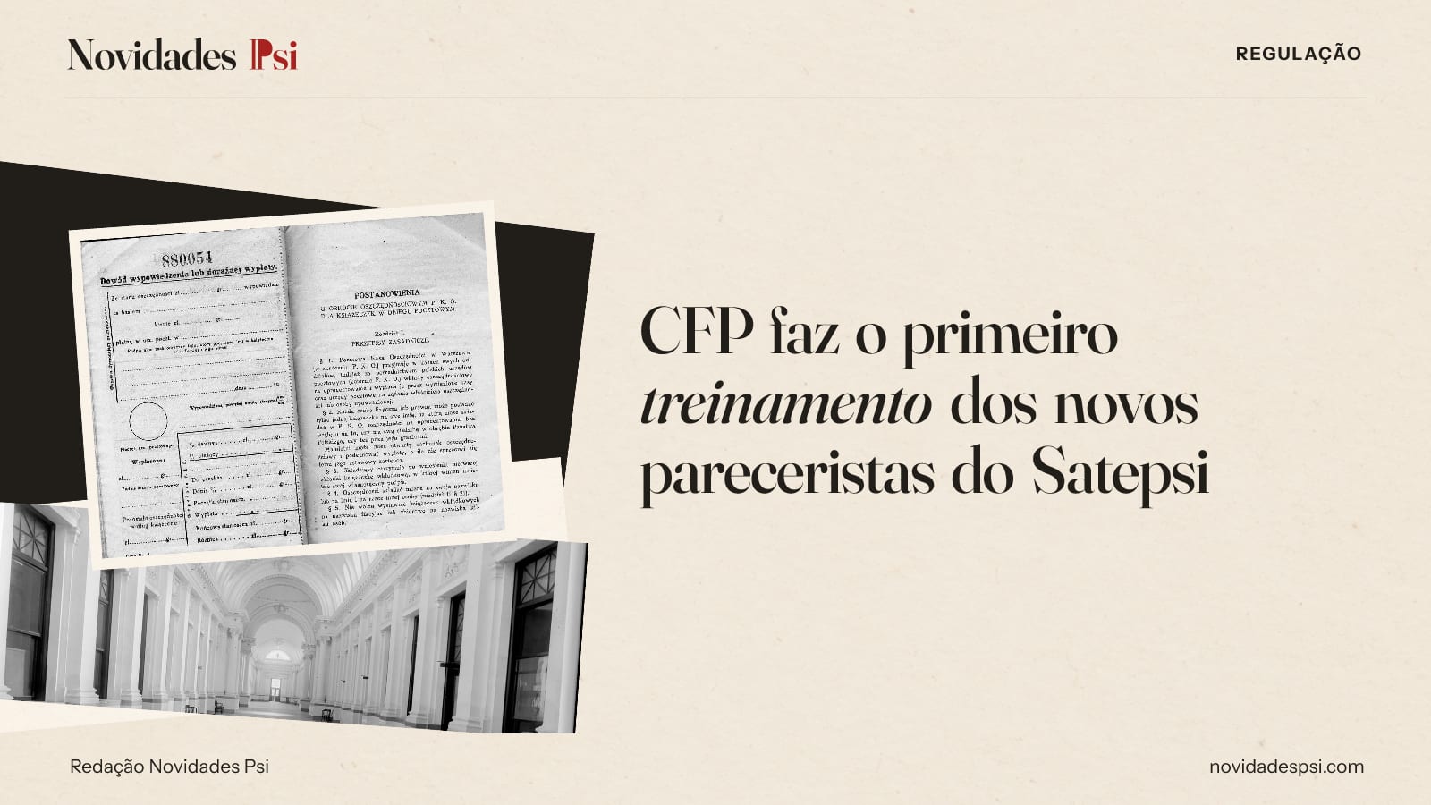 Colagem com formulário impresso de uma caderneta, salão de um tribunal com janelas em arco e papel tinta.