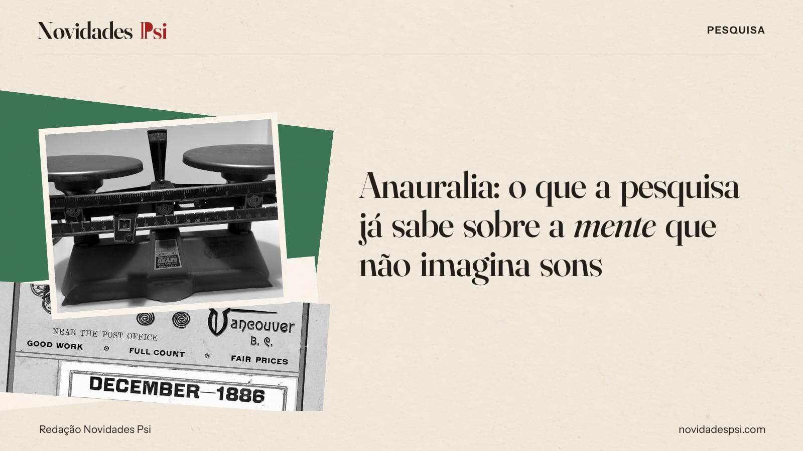 Colagem com balança de dois pratos sobre uma mesa, folhinha de parede de 1888 com os dias e papel verde sálvia.