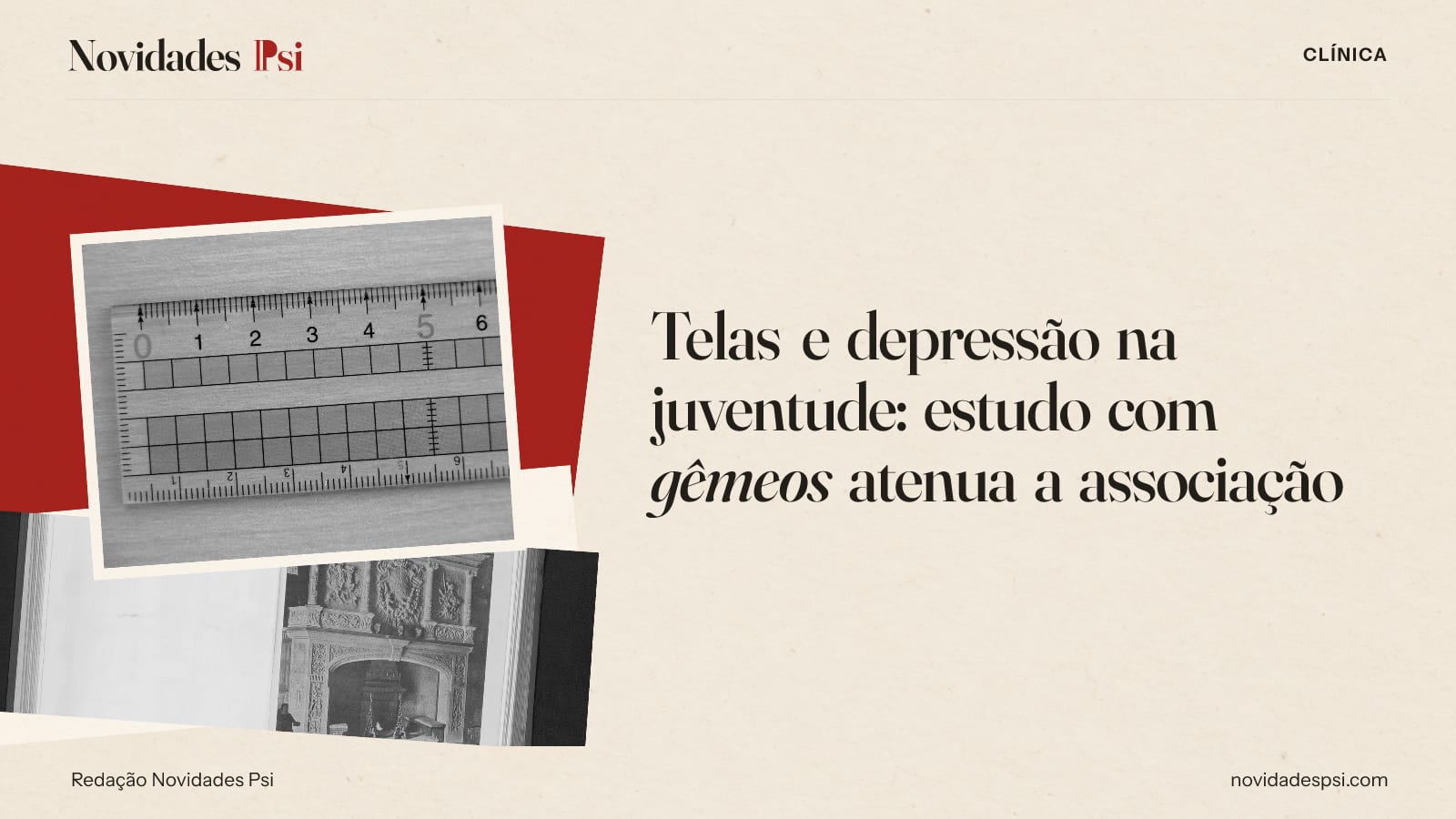 Colagem com régua transparente sobre uma mesa de, livro aberto com uma fotografia e papel carmim.