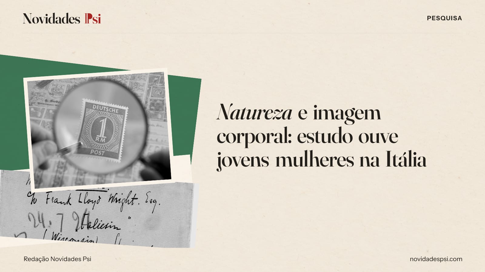 Colagem com lupa ampliando um selo postal, envelope de carta de 1924 com selos e e papel verde sálvia.