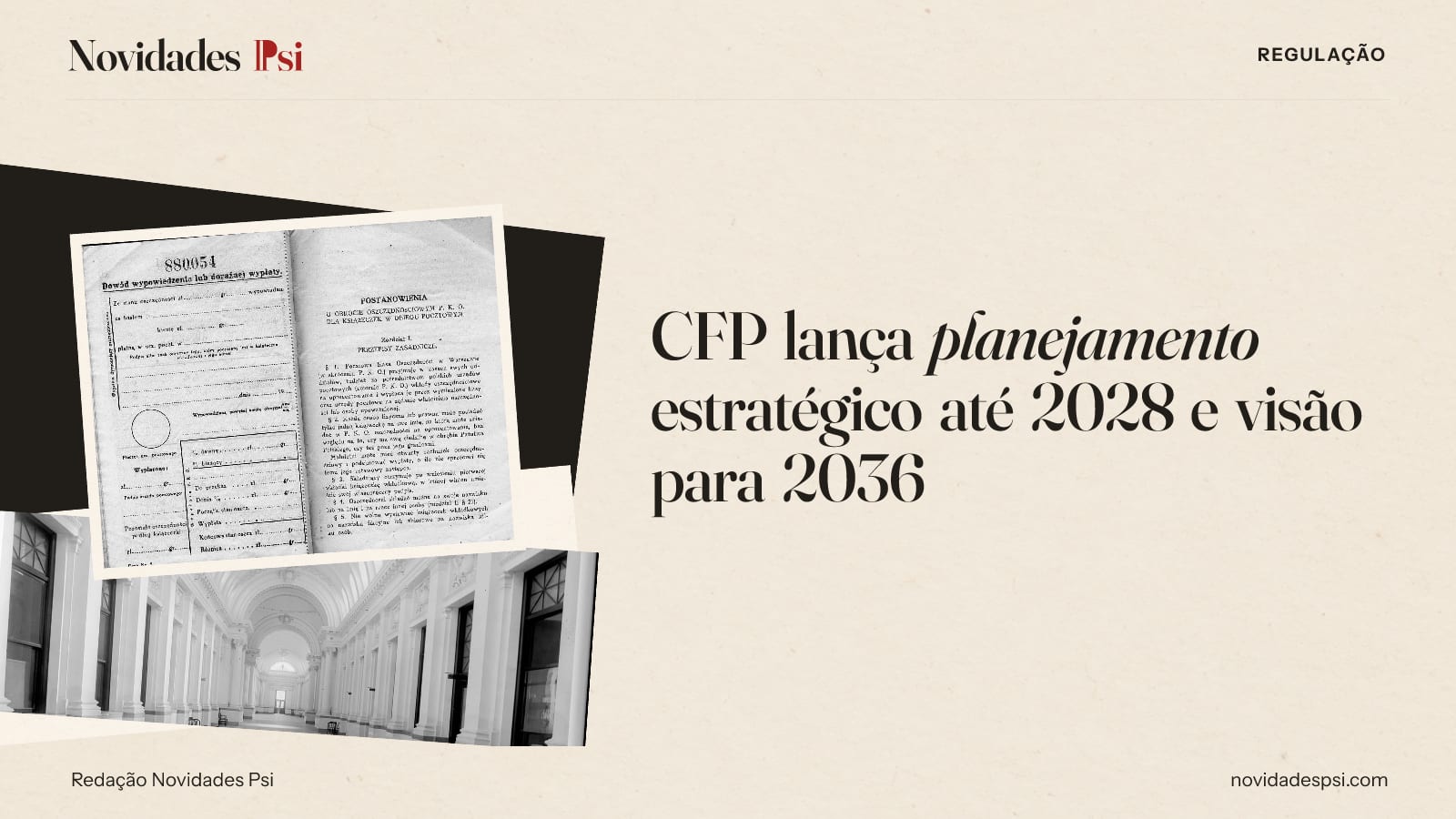Colagem com formulário impresso de uma caderneta, salão de um tribunal com janelas em arco e papel tinta.