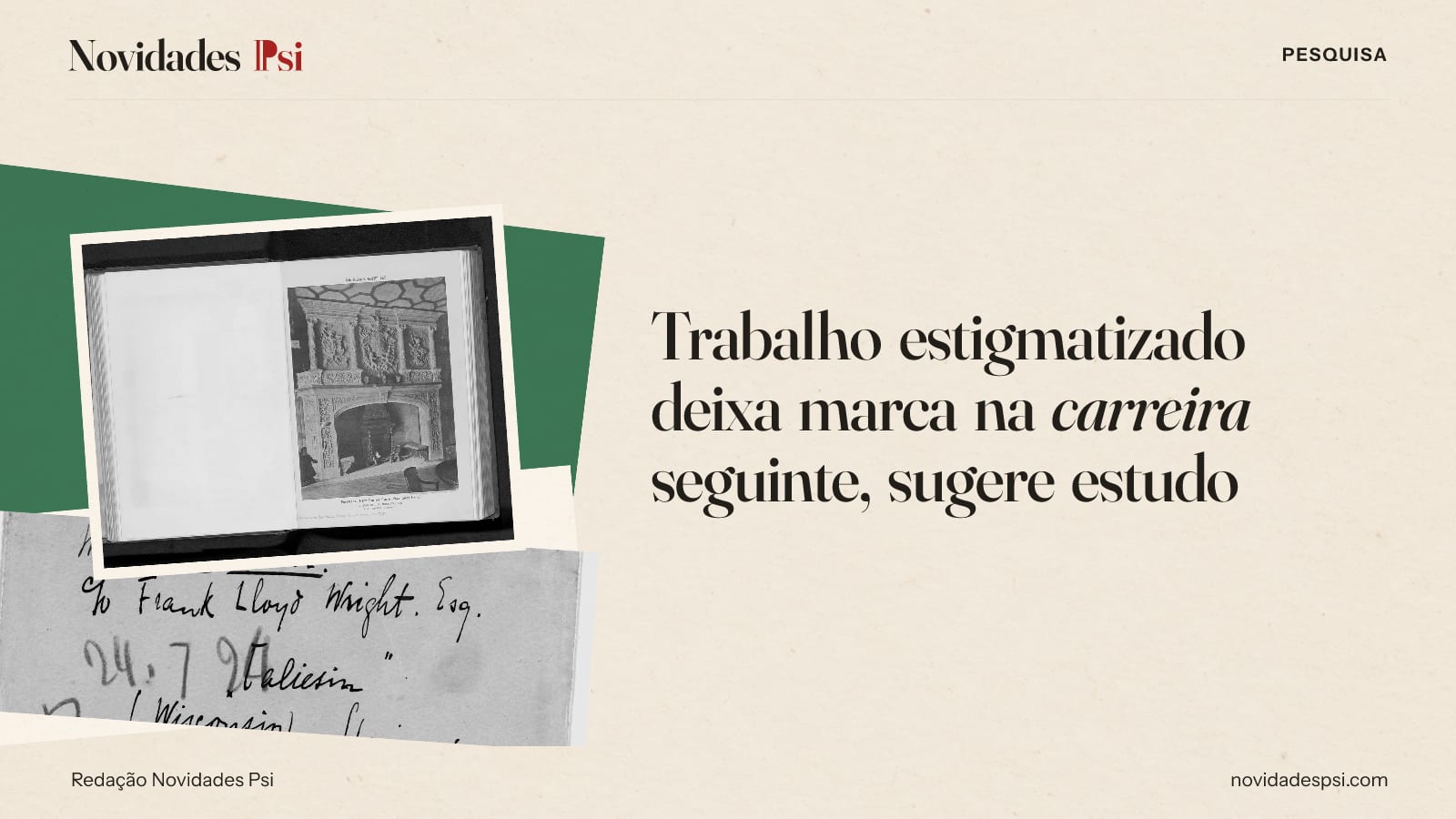 Colagem com livro aberto com uma fotografia, envelope de carta de 1924 com selos e e papel verde sálvia.