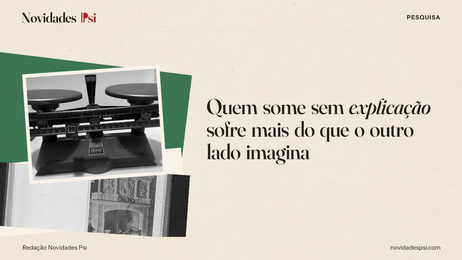 Colagem com balança de dois pratos sobre uma mesa, livro aberto com uma fotografia e papel verde sálvia.