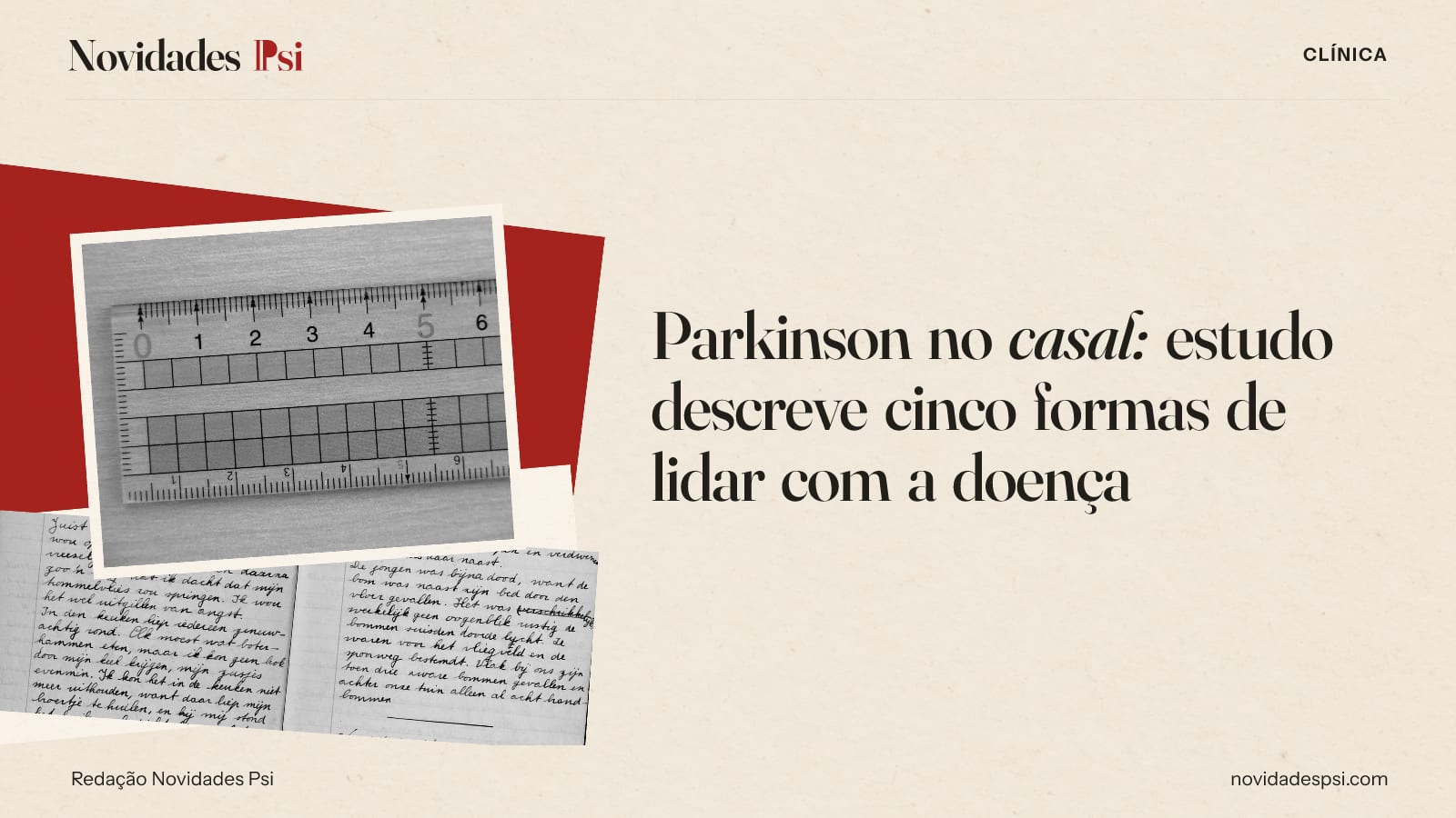 Colagem com régua transparente sobre uma mesa de, caderno aberto com páginas manuscritas e papel carmim.