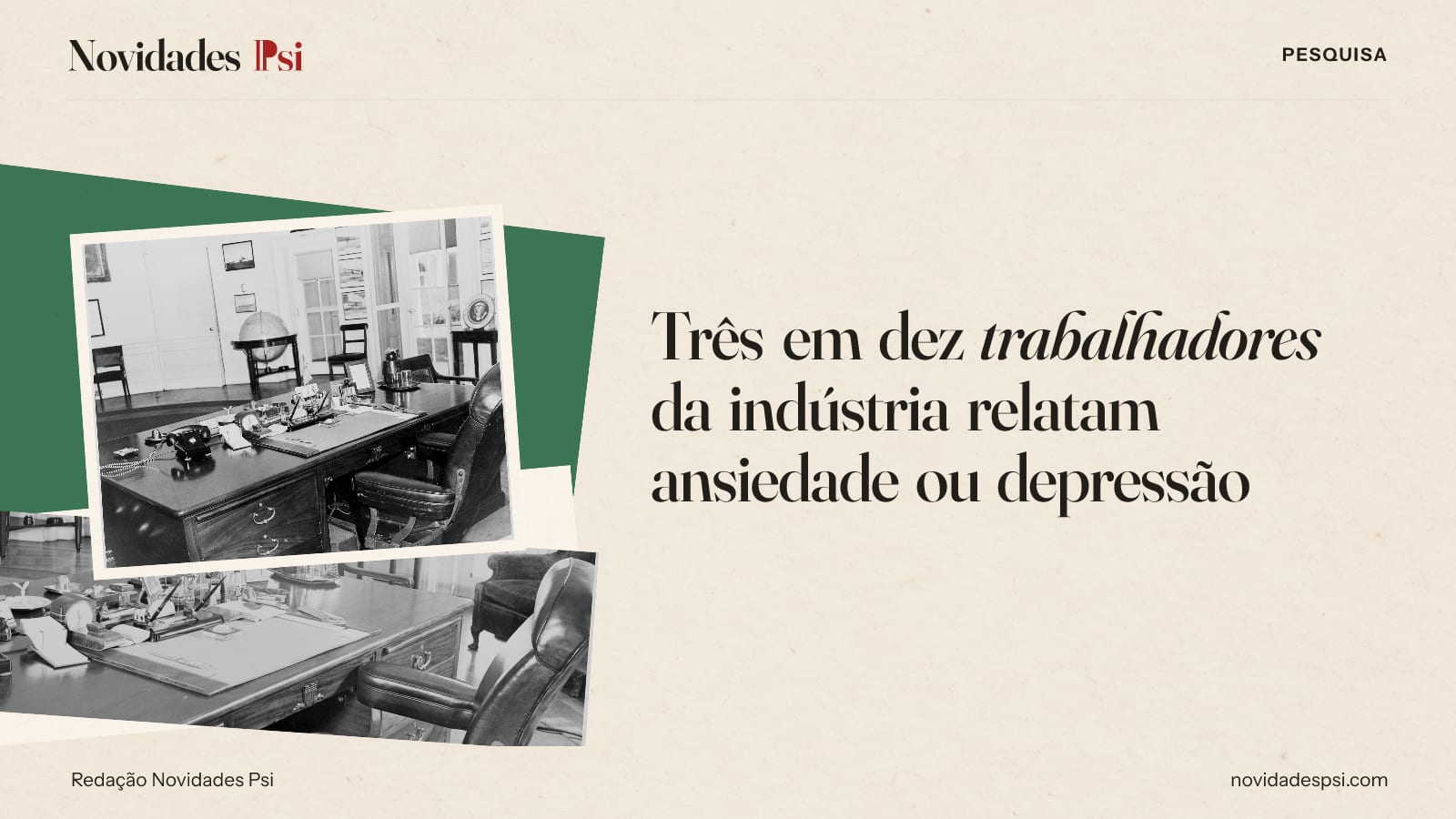 Colagem com balança de dois pratos sobre uma mesa, paisagem de arquivo e papel verde sálvia.