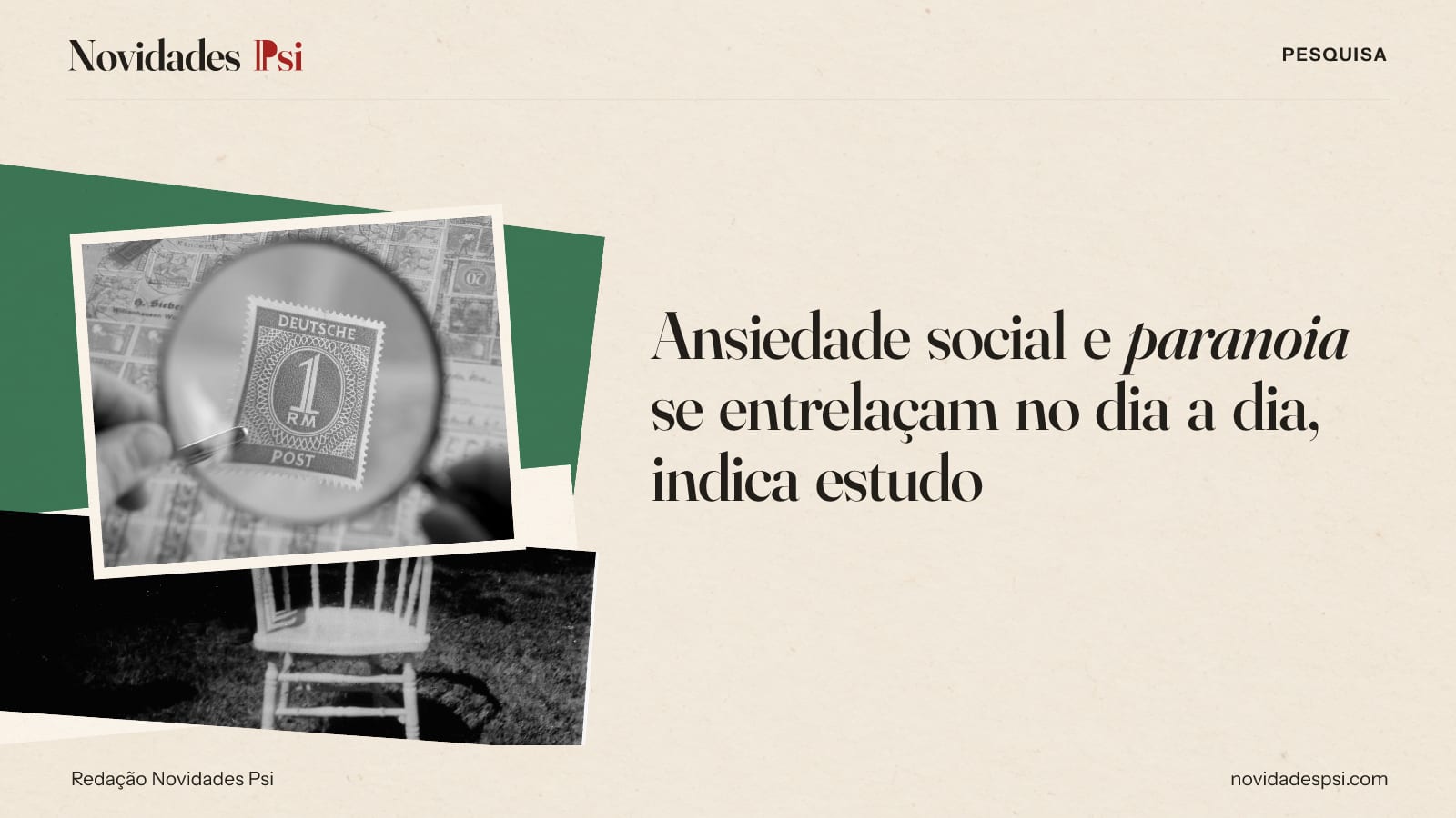 Colagem com lupa ampliando um selo postal, cadeira de escritório de madeira sobre e papel verde sálvia.