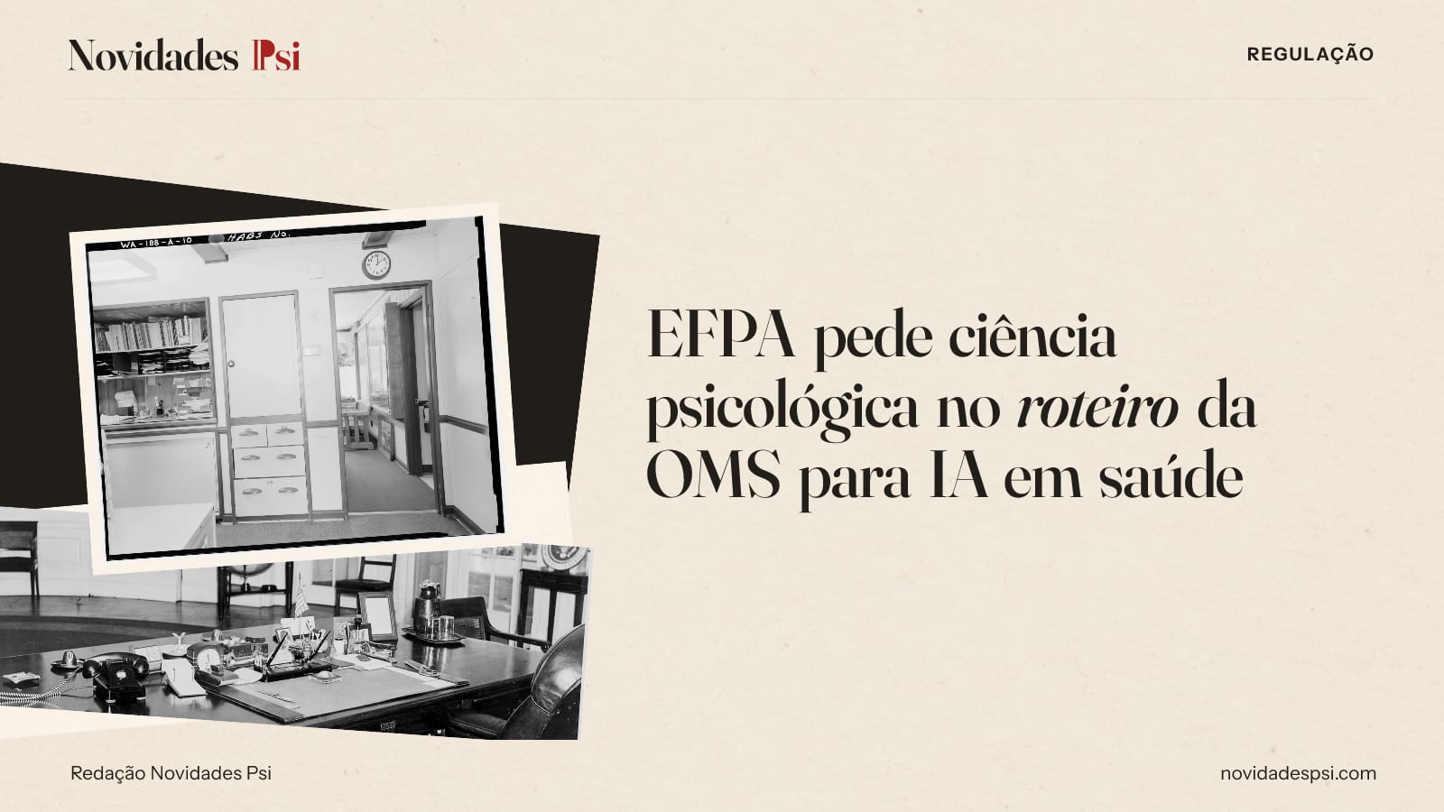 Colagem com escritório com armário de gavetas, objetos sobre uma mesa de escritório, e papel tinta.